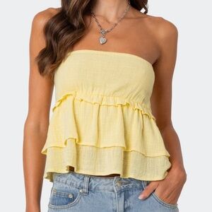 Edikted Strapless Yellow Ruffle Crop Top